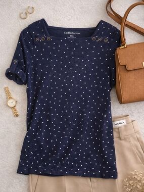 Croft & Barrow Navy Polka Dot Short Sleeve Tee with Button Accents
